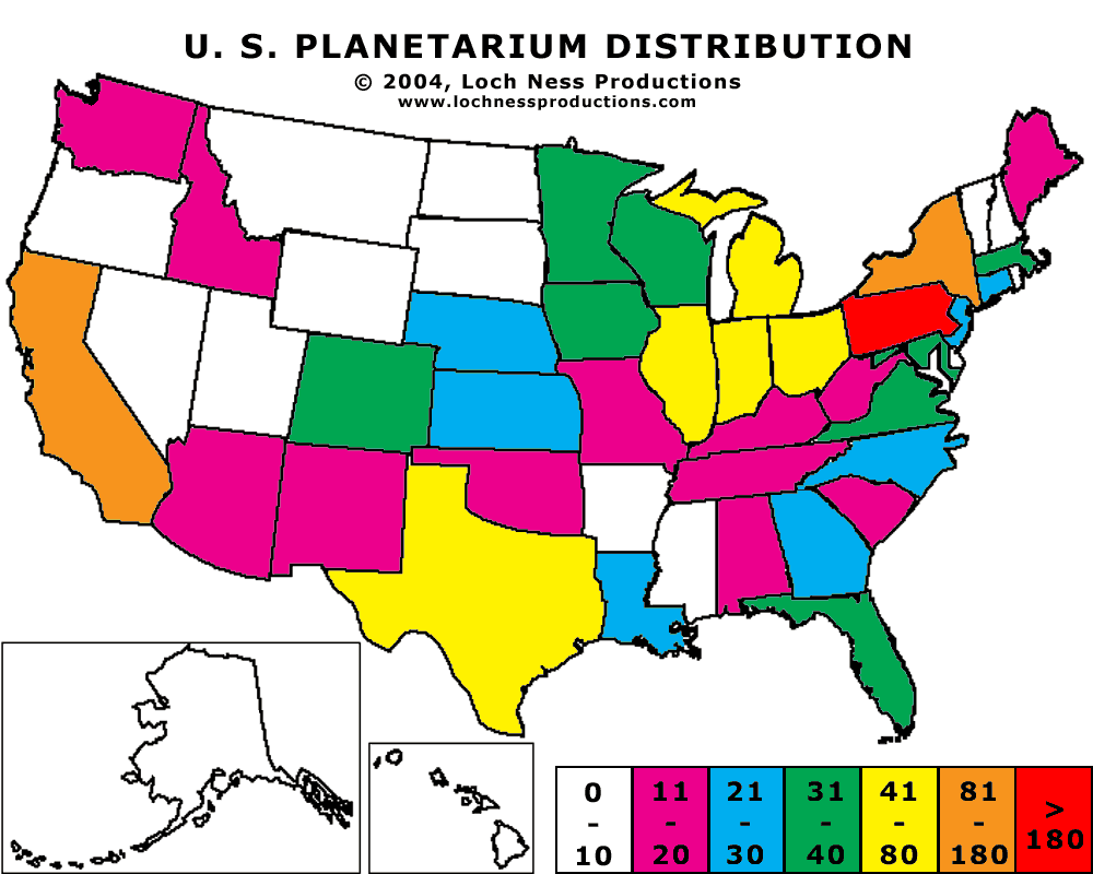 U.S. Planetarium Distribution Map - Copyright 2004 Loch Ness Productions